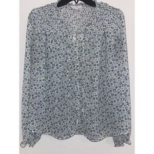 Time and Tru Women’s Sheer Peasant Top M (8–10) Cream/Blue Floral Blouse Ruffle